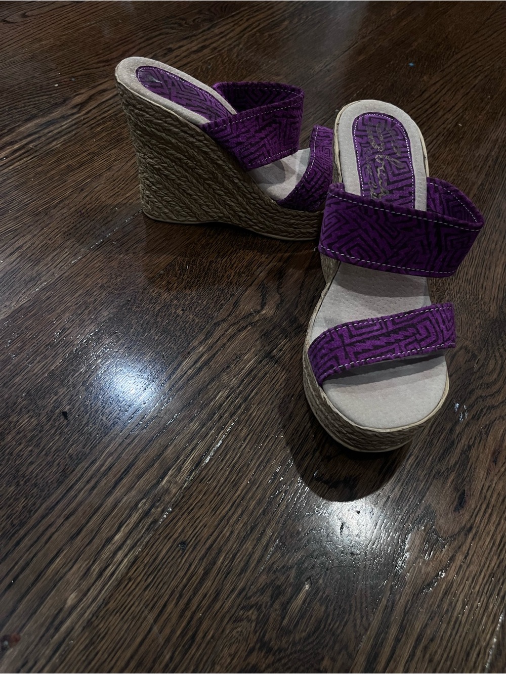 Purple Suede Double-Strap Wedge Sandals